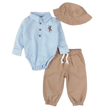 Compleuri bebelusi baieti - Compleu Micul Explorator, Cămașă tip Body, Pantaloni și Pălăriuță de Soare, Bleu