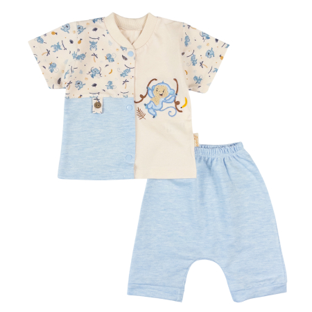 Haine bebelusi baieti ❤️ - Compleu pentru bebelusi, 2 Piese, Bej/Bleu cu Imprimeu Maimuțică