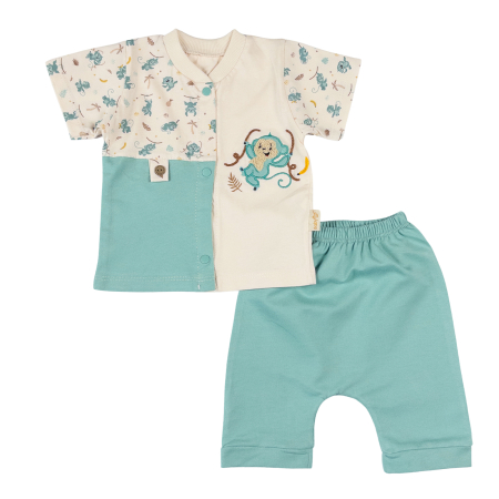 Haine bebelusi baieti ❤️ - Compleu pentru bebelusi, 2 Piese, Bej/Vernil cu Imprimeu Maimuțică