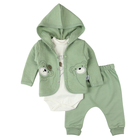 Compleuri bebelusi baieti - Compleu pentru bebelusi, 3 piese, Verde fistic, cu model ursuleț