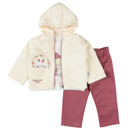 Haine bebelusi fete ❤️ - Compleu pentru fetite, 3 piese, model Iepurașul Brodat