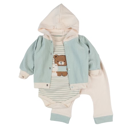 Haine bebelusi baieti - Compleu pentru bebelusi, 3 piese, model Ursulet, turcoaz