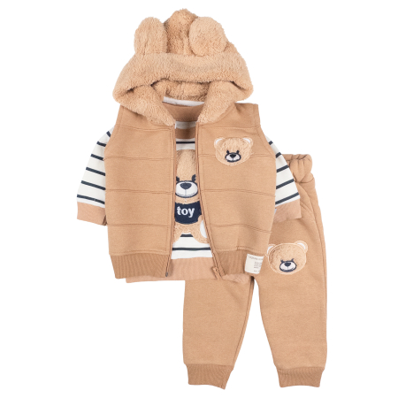 Haine bebelusi baieti - Compleu  pentru bebelusi, 3 piese,  model Toy, brun deschis