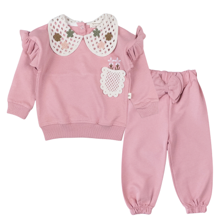 Seturi fetite - Compleu Fetițe Roz Pudrat cu Detalii Guler Brodat