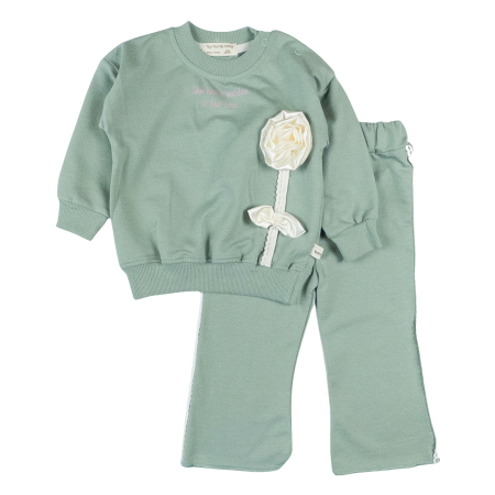 Haine bebelusi fete ❤️ - Compleu Fetite Verde Mentă cu Aplicație Trandafir Alb