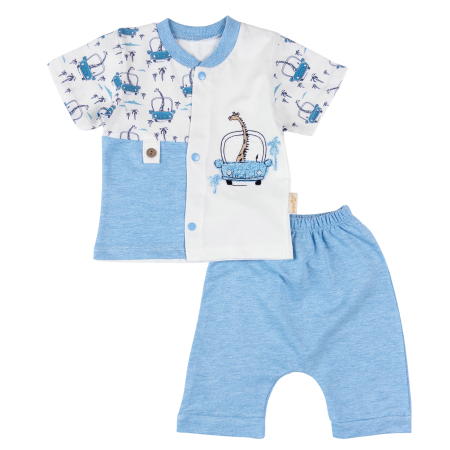 Haine bebelusi baieti ❤️ - Compleu pentru bebelusi, 2 Piese, Albastru cu Imprimeu Girafă