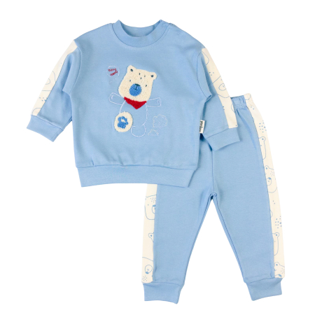 Haine bebelusi baieti ❤️ - Compleu Bebeluși 2 Piese Albastru Deschis, Bluză cu Ursuleț Brodat și Pantaloni Asortați
