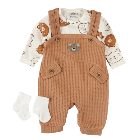 Haine bebelusi baieti ❤️ - Set Salopetă și Body Ursuleț, 3 Piese, Maro/Alb
