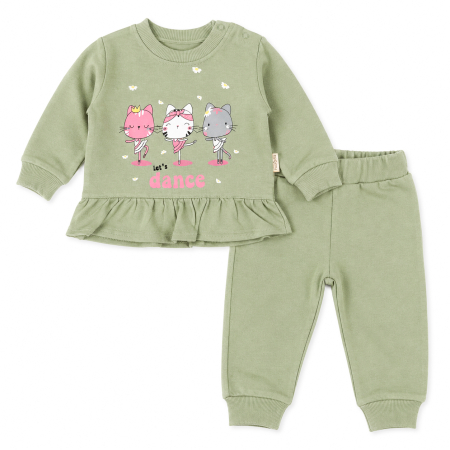 Imbracaminte nou-nascuti ❤️ - Compleu pentru fetite, 2 piese, model Pisicute, verde salvie