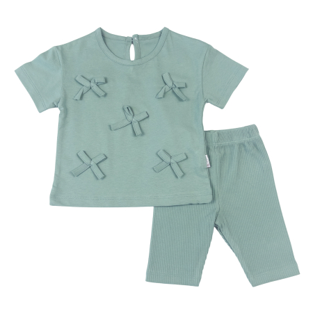 Seturi fetite - Compleu pentru Fetițe Verde Salvie, Tricou cu Fundițe și Colanți Trei Sferturi