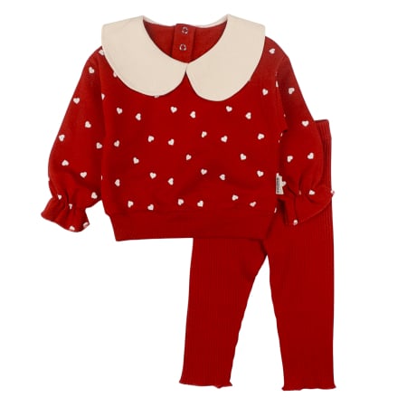 Haine bebelusi fete - Compleu pentru fetite, model Inimioare, culoare Rosu