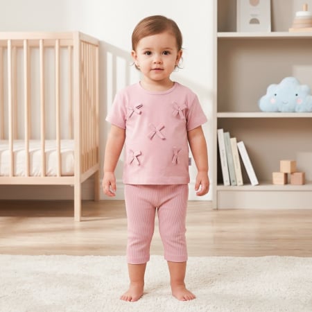 Haine bebelusi fete ❤️ - Compleu pentru Fetițe Roz, Tricou cu Fundițe și Colanți Trei Sferturi