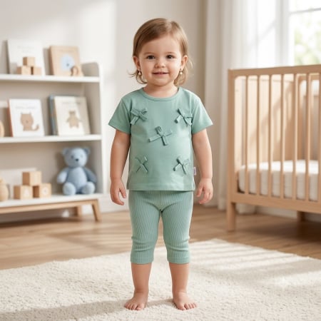 Haine bebelusi fete ❤️ - Compleu pentru Fetițe Verde Salvie, Tricou cu Fundițe și Colanți Trei Sferturi