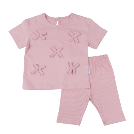 Haine bebelusi fete ❤️ - Compleu pentru Fetițe Roz, Tricou cu Fundițe și Colanți Trei Sferturi