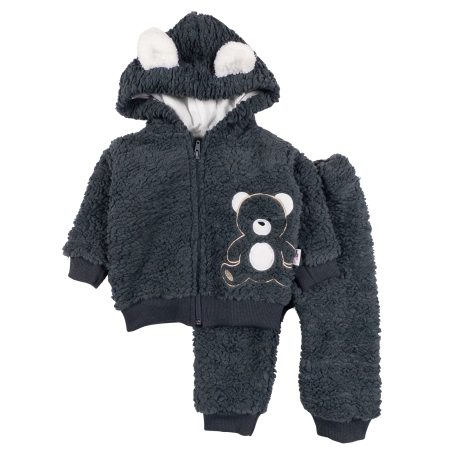Haine bebelusi baieti - Compleu plusat pentru bebelusi, Model Ursuleț gri inchis