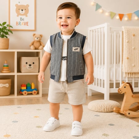 Haine bebelusi baieti ❤️ - Compleu Urban Gentleman, Vestă cu Fermoar, Gri/Crem
