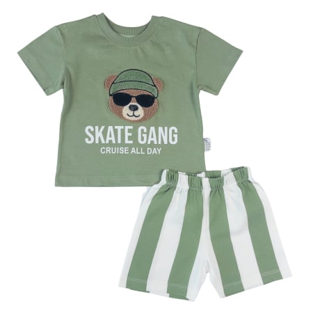 Compleuri bebelusi baieti - Compleu Vară 2 Piese Băieți, Tricou Ursuleț și Pantaloni Dungi, Verde Pistacho