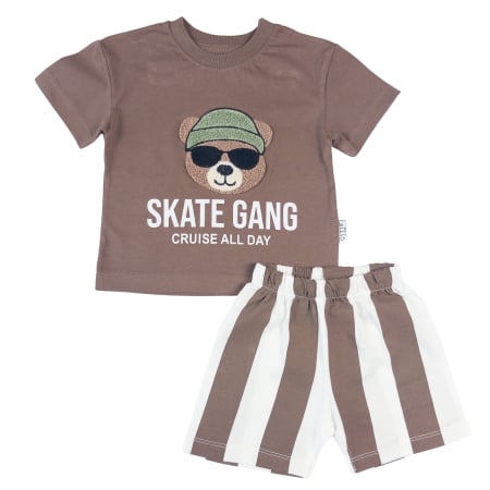 Compleuri bebelusi baieti - Compleu Vară 2 Piese Băieți, Tricou Ursuleț și Pantaloni Dungi, Maro