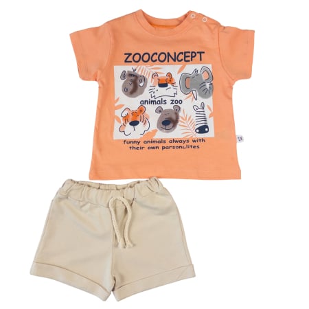 Compleuri bebelusi baieti - Compleu Vară 2 Piese, Imprimeu Animale Zoo, Orange/Bej