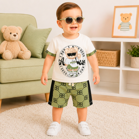 Compleuri bebelusi baieti - Compleu Vară Băieței, Tricou cu Imprimeu Teddy Cool, Șort cu Model Grafic