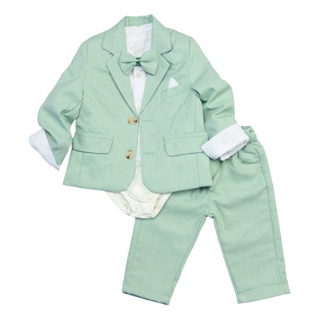 Haine bebelusi baieti ❤️ - Costum Elegant pentru Bebelusi, 4 Piese, Sacou, Pantaloni, Camasa Alba si Papion, Culoare Verde Deschis  