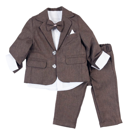 Haine bebelusi baieti ❤️ - Costum Elegant pentru Bebelusi, 4 Piese, Sacou, Pantaloni, Camasa Alba si Papion, Culoare Maro