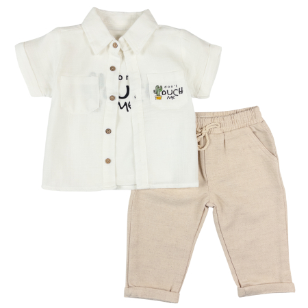 Haine bebelusi baieti ❤️ - Costumaș 3 Piese Băieți, Cămașă Albă Cactus și Pantaloni Lungi Bej
