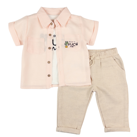 Haine bebelusi baieti ❤️ - Costumaș 3 Piese Băieți, Cămașă Coral deschis și Pantaloni Lungi Bej