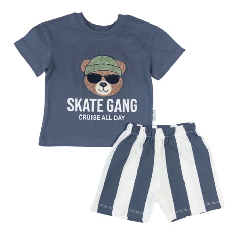 Compleuri bebelusi baieti - Compleu Vară 2 Piese Băieți, Tricou Ursuleț și Pantaloni Dungi, Bleumarin