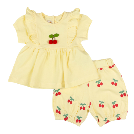 Haine bebelusi fete ❤️ - Costumaș  Fetițe 2 Piese, Galben cu Cireșele
