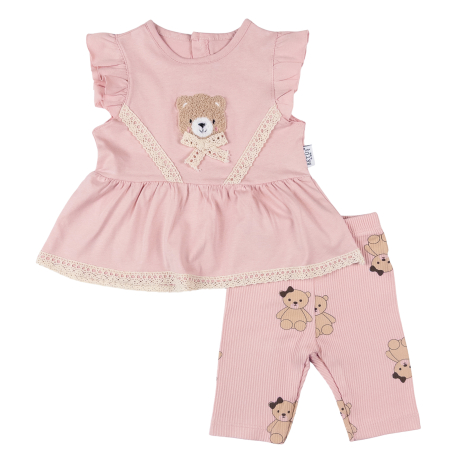 Haine bebelusi fete ❤️ - Costumaș Casual Fetițe, Bluziță tip Rochiță cu Volănașe și Colanți Trei Sferturi, Roz