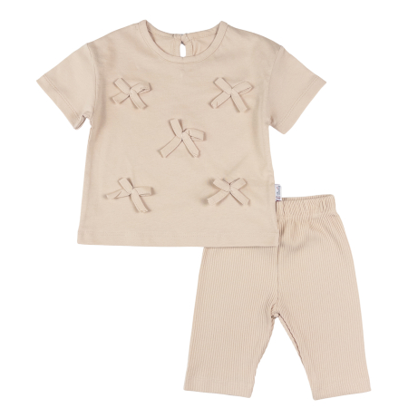 Haine bebelusi fete ❤️ - Compleu pentru Fetițe Bej, Tricou cu Fundițe și Colanți Trei Sferturi