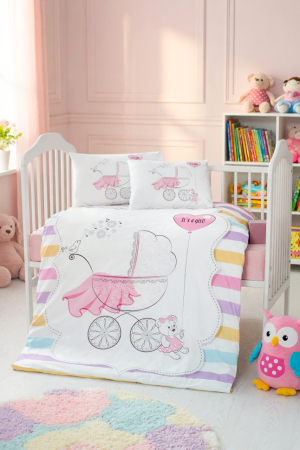 Lenjerii Pat - Lenjerie de Pat 4 Piese pentru Fetițe, Model Cărucior Retro, 100X 150 CM