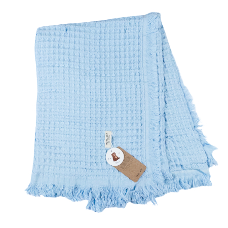 Botosi, sosete, dresuri, caciuli - Păturică pentru Bebeluși din Muselină de Bumbac Gofrat, cu Franjuri, Bleu, 120 CM X 90 CM