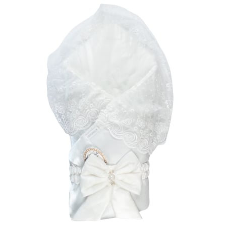 Camera bebelusului - Port bebe Alb Satinat, cu Dantelă Albă si Fundă cu Perle, 85X85 CM