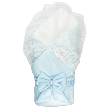 Camera bebelusului - Port bebe Bleu Satinat, cu Dantelă Albă si Fundă cu Perle, 85X85 CM