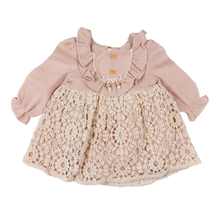 Rochite bebelusi - Rochie pentru bebeluse, roz pudrat, cu dantelă, volănașe și detalii decorative