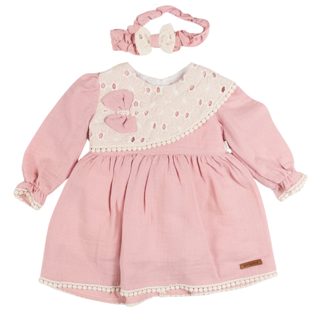 Rochite bebelusi - Rochie si bentita, Guler Dantelă Brodată, Roz