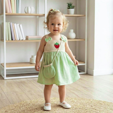 Haine bebelusi fete ❤️ - Rochiță Fetițe și Poșetă Asortată, Model Capsunică, Verde/Bej
