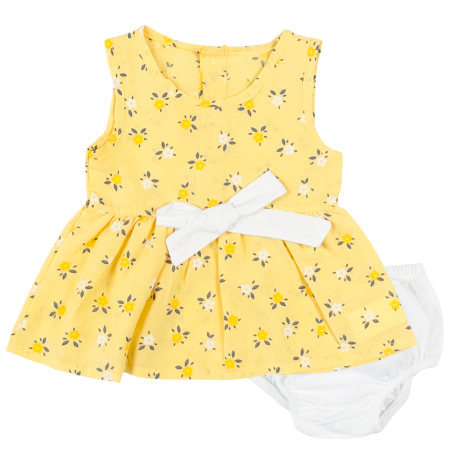 Haine bebelusi fete ❤️ - Rochiță fără Mâneci cu Imprimeu Floral și Chiloțel, Galben