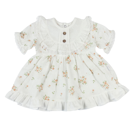 Haine bebelusi fete ❤️ - Rochiță Bebeluşi Model Alb cu Imprimeu Floral, Volănașe și Dantelă Victoriană