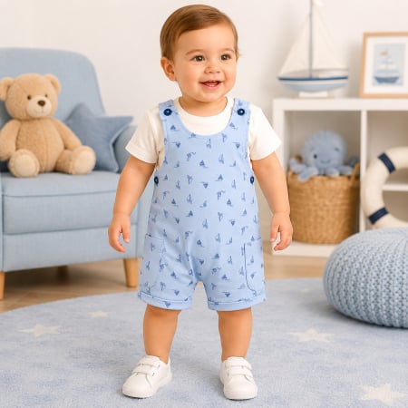 Haine bebelusi baieti ❤️ - Salopetă Albastră cu Imprimeu Bărcuțe și Tricou Alb