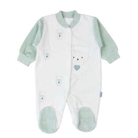 Salopete bebelusi baieti - Salopetă bebe catifelată alb-verde deschis cu ursuleți 