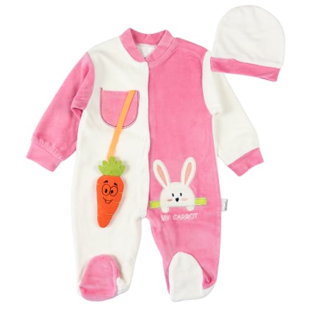 Salopete bebelusi fete - Set Salopetă si caciulită bebe catifelată alb-roz cu iepuras