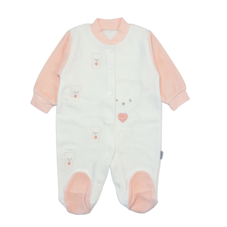 Imbracaminte nou-nascuti ❤️ - Salopetă bebe catifelată alb-roz coral cu ursuleți