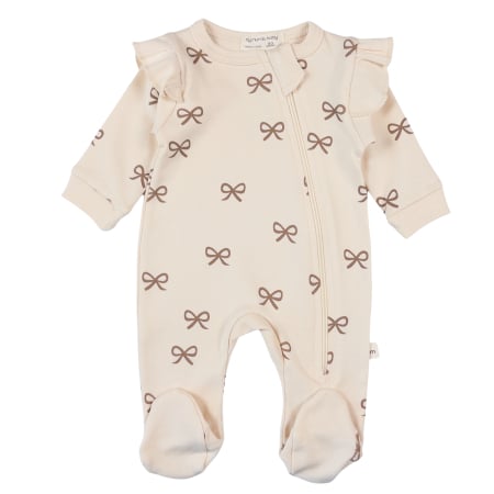 Haine bebelusi fete ❤️ - Salopetă Nou-Născut din Bumbac, Bej cu Imprimeu Fundițe, Volănașe și Fermoar Lateral