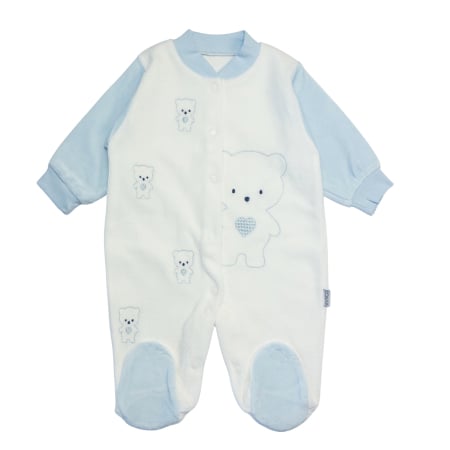 Salopete bebelusi baieti - Salopetă bebe catifelată alb-bleu cu ursuleți