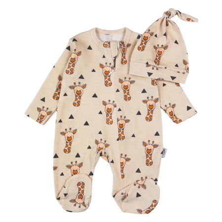 Salopete bebelusi baieti - Salopetă cu Imprimeu Girafă și Căciuliță asortată, Bumbac Bej