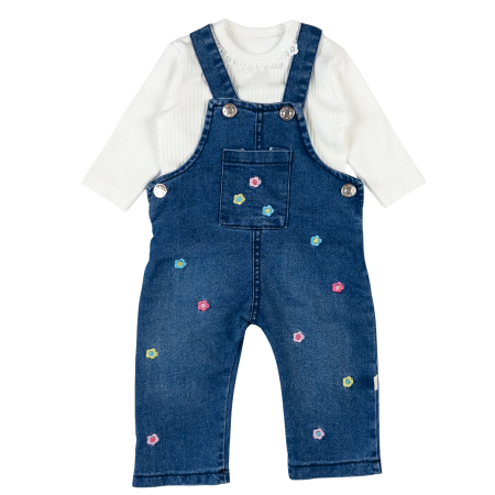 Haine bebelusi fete ❤️ - Salopetă din Denim cu Floricele Brodate și Bluză Albă