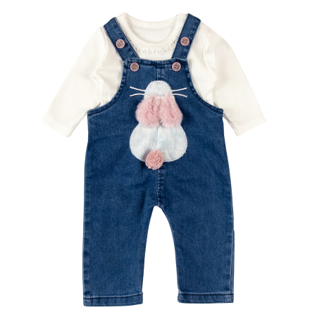 Haine bebelusi fete ❤️ - Salopetă din Denim Model cu Iepuras și Bluză Albă - Copie